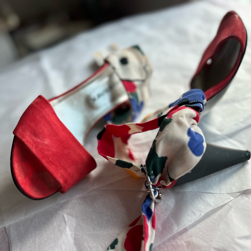 VTG 80s Xavier Denaud red suede heels scarf strap sz 8 Paris Made in Spain